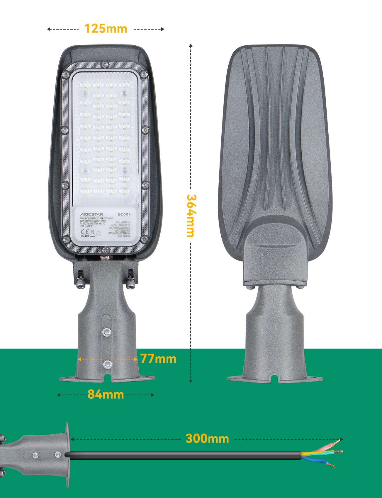 Aigostar 30W Lampione LED, 2550LM Luce stradale a LED 6500K IP65 impermeabile IK08 Per Parcheggio luce per Strada Scuola, parcheggio,campo da basket,cortile, piazza
