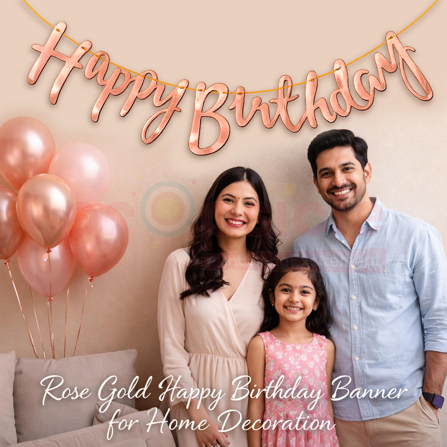 Propsicle Rose Gold Happy Birthday Banner - Glossy Cursive Cardstock Decoration with Ribbon, Reusable Wall Backdrop for Kids, Girls & Women Celebration Setup 3