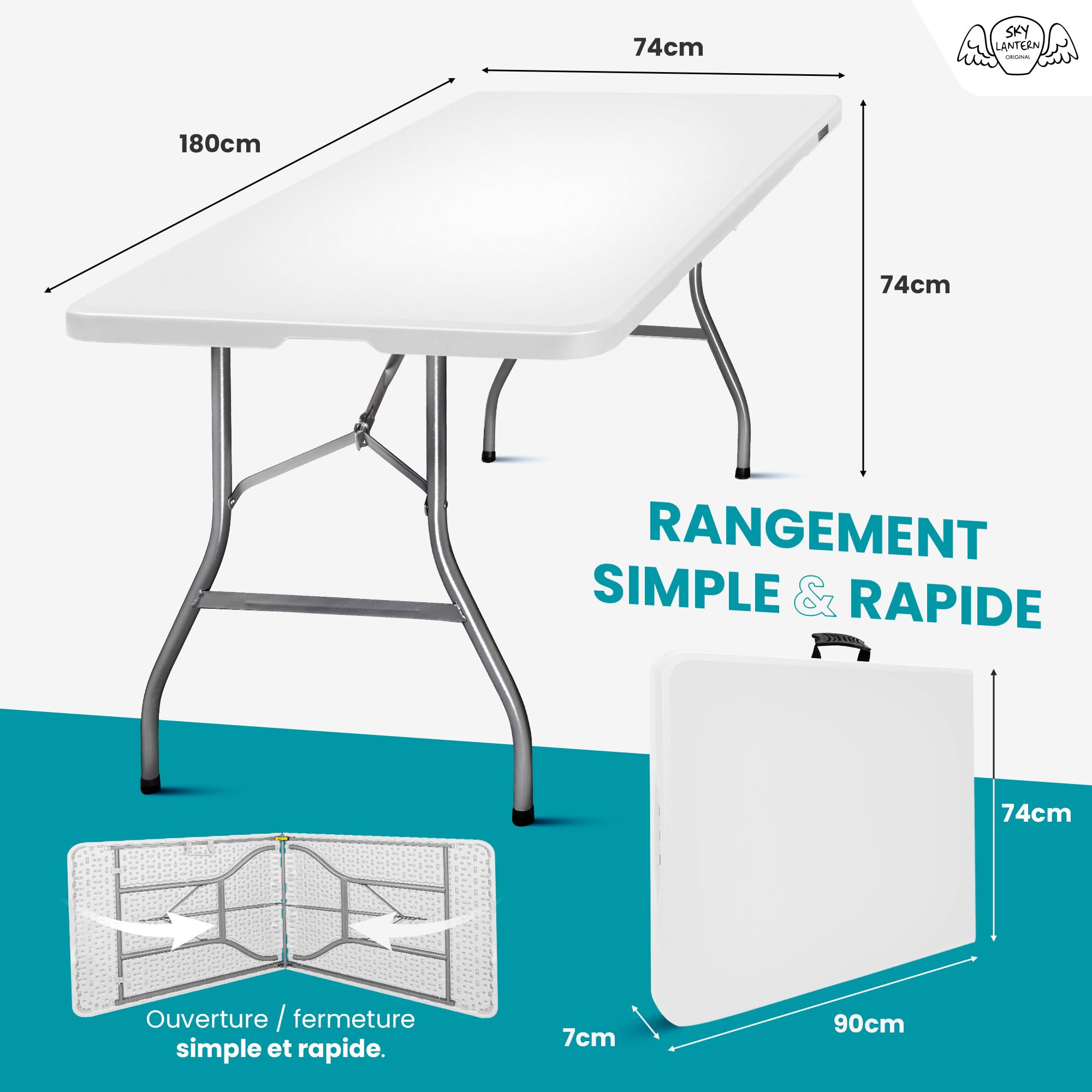La table pliante SKYLANTERN offre une grande surface et une solution pratique pour vos événements.