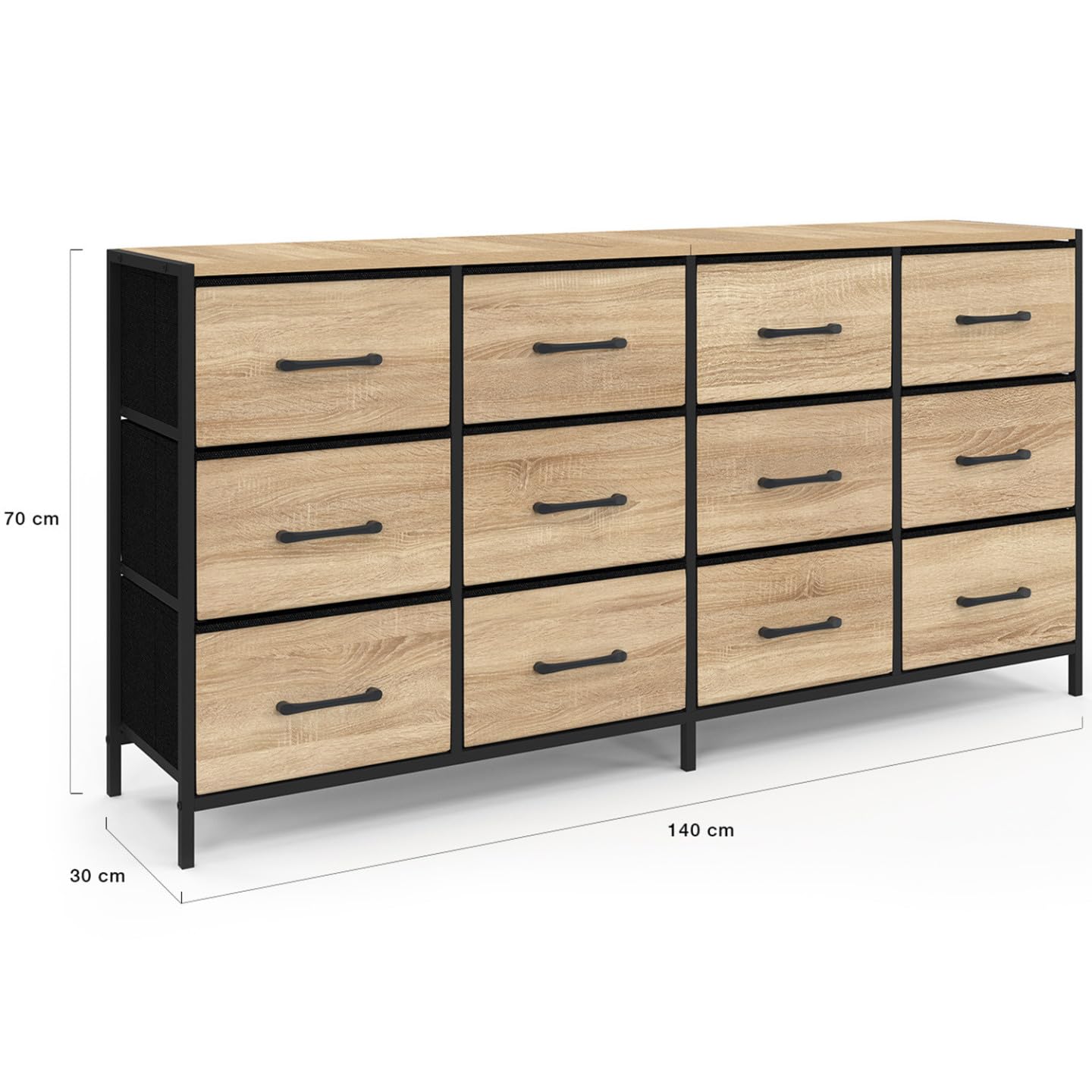 IDMarket - Cómoda de 12 cajones en tela Utah de 140 cm, mueble de almacenamiento de diseño industrial