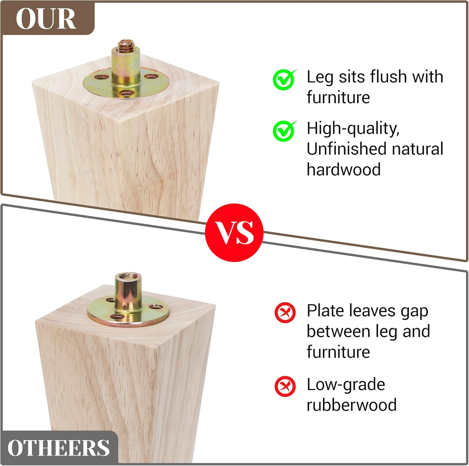 4inch Furniture feet Table Legs Couch Legs Unfinished Square Bed Feet 4 inch Wood Replacement Leg for Furniture Set of 8, Natural (8set, 4in)