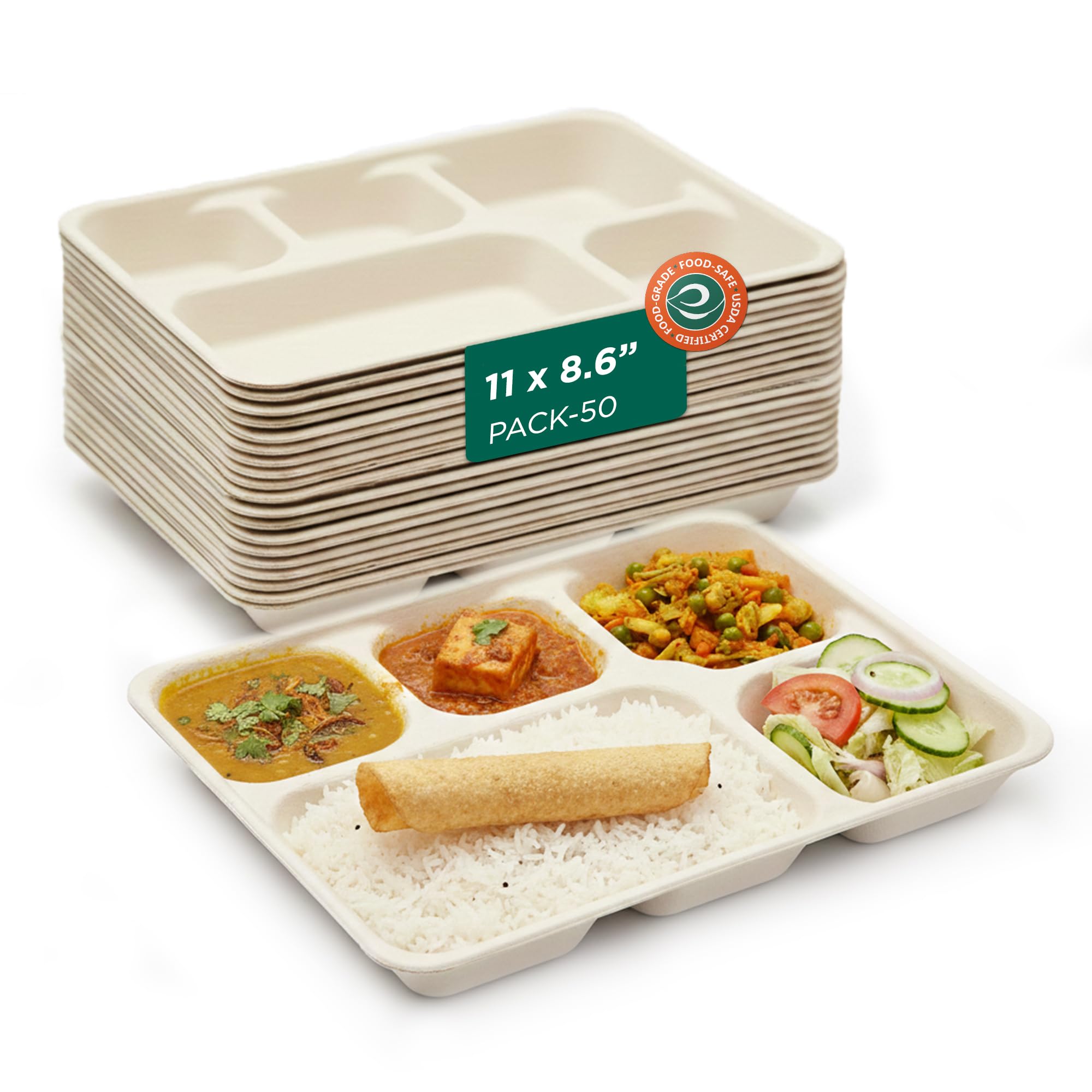 Eco Soul | 5 Compartment Bagasse Meal Tray | 11 Inch - Pack of 50 | Disposable Plates Big Size | Eco-Friendly, Durable & Leak-Proof | Great for Events, Caterers & Buffet