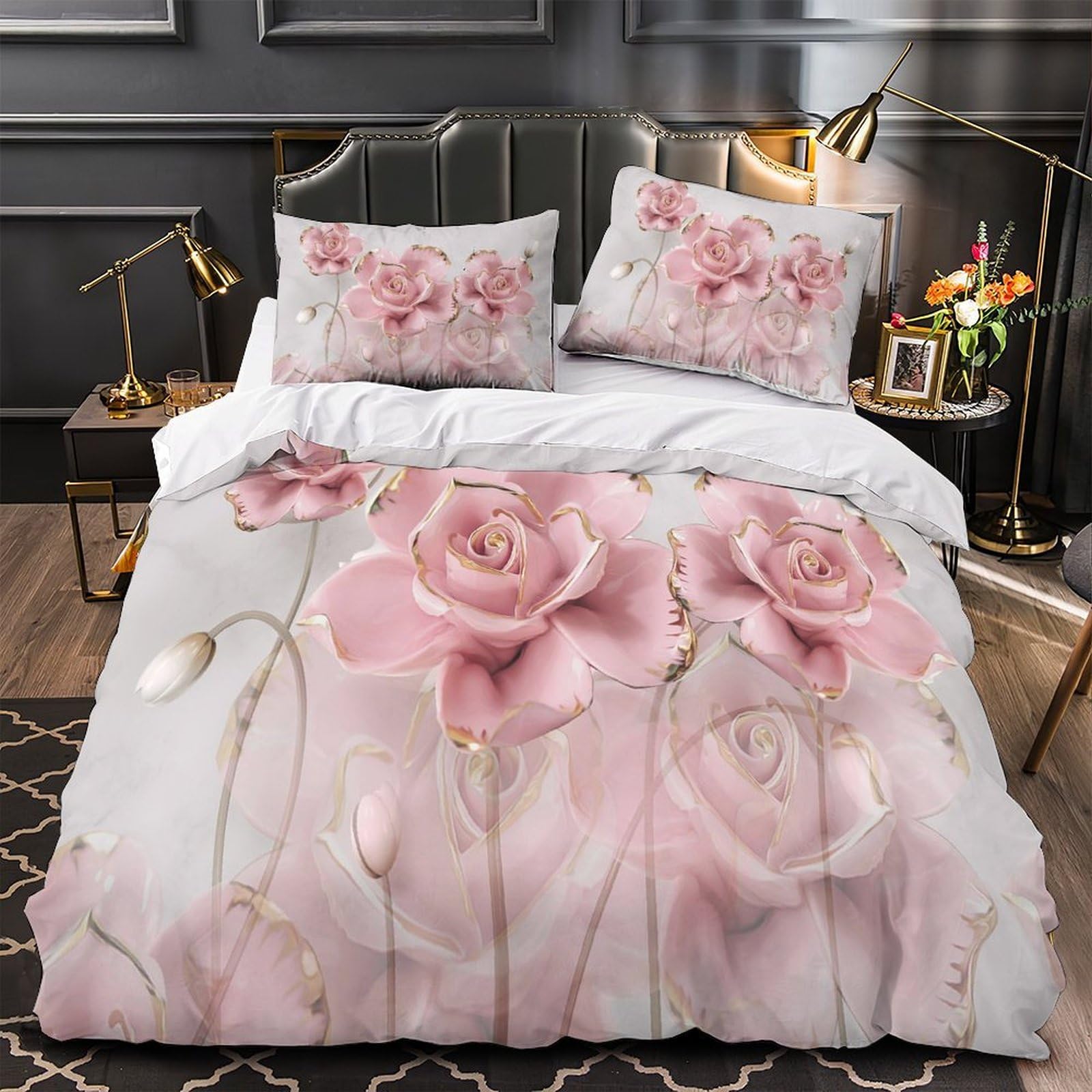 Housse de couette pivoines roses hypoallergique contre les allergies parure de lit double 200x200
