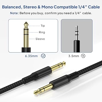 Elebase 1/4 Inch TRS Instrument Cable 3FT 2Pack,6.35mm Male Guitar Cord 1M
