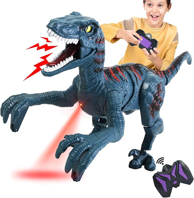 Large Remote Control Velociraptor Toy - Realistic Jurassic Walking Dinosaur with Lights & Sounds - STEM Toy for Boys Ages 5-7 & 8-12 Blue