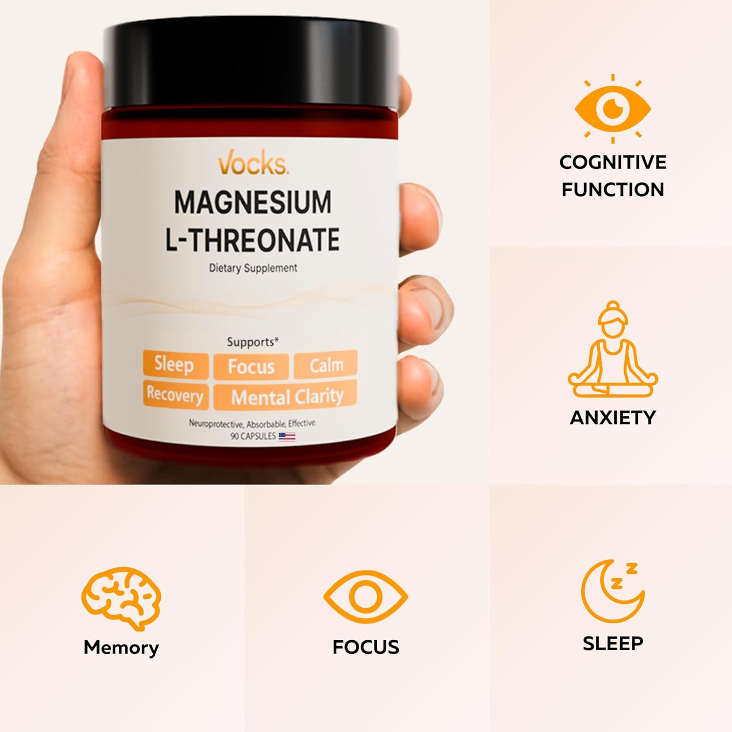 Vocks Magnesium L-Threonate 2000 mg | Brain Magnesium for Memory, Focus, Sleep, Anxiety and Cognitive Support | Vegan, Non-GMO, Gluten-Free | Third-Party Tested for Purity | 90 Count