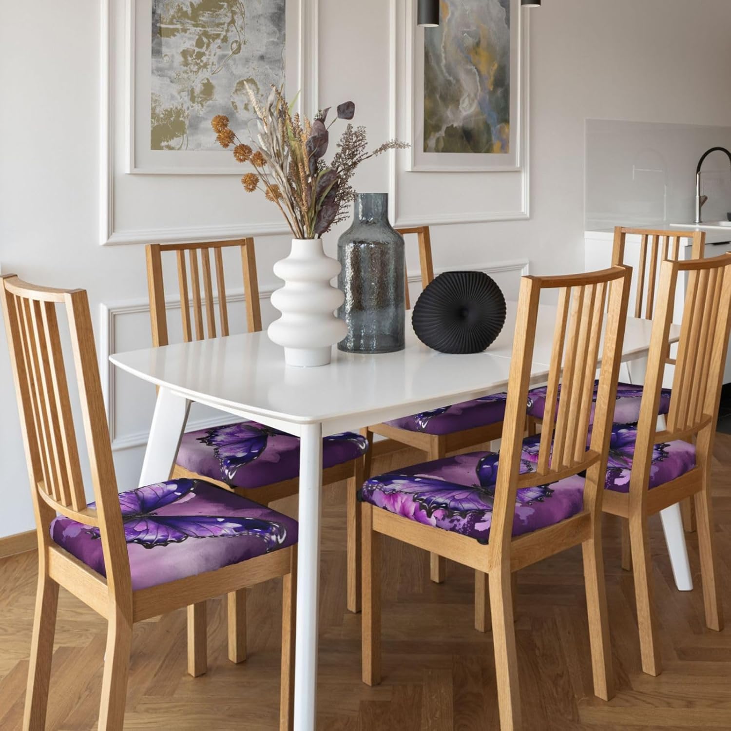 Flower and Butterfly Print Square Cushion Covers 6 Pcs Set Elastic Non-Slip Seat Cushion Slipcovers Pet Furniture Protectors for Chair, Sofa