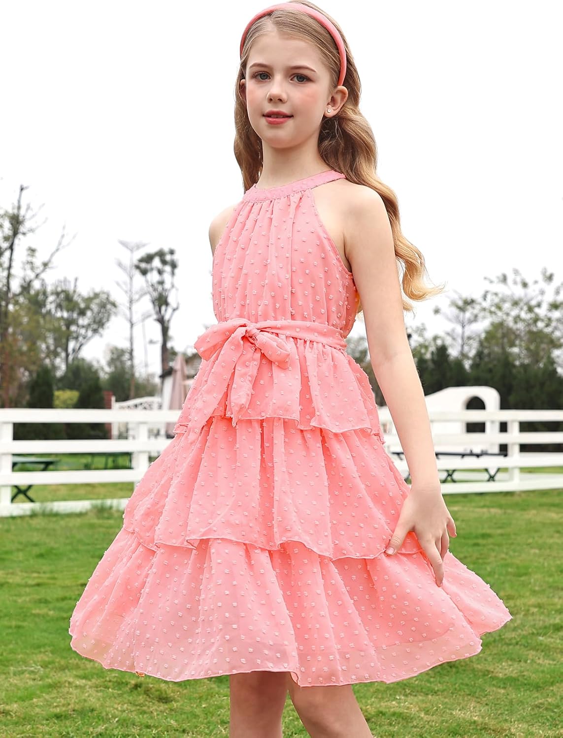 Move Dance Girls Halter Neck Dress Summer Flared A-Line Swiss Dot Chiffon Sundress 6-13 Years Old - Image 5