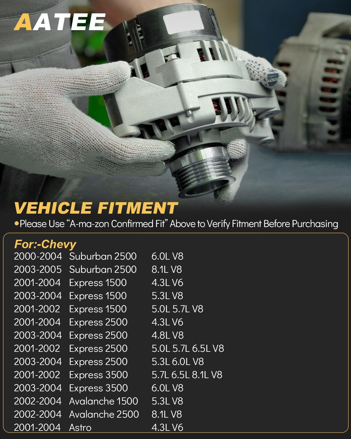 AATEE Upgraded Alternator for:-Chevy Tahoe 2000-2004 4.8L 5.3L, Silverado 1500 1999-2004 Suburban Express Avalanche 2001-2004, for:-GMC Sierra 1500 Yukon XL Savana, for:-Cadillac Escalade OE# 10464455