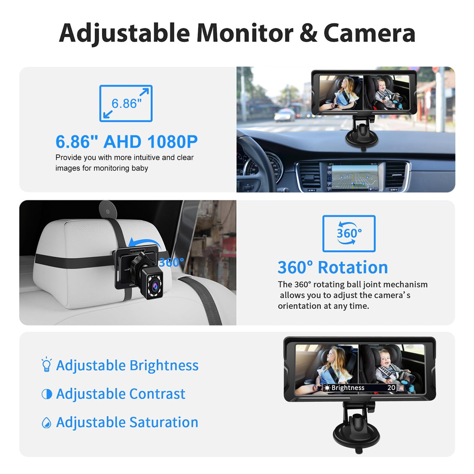 Shkalacar Cámara de coche para bebé, monitor de bebé de 6,86 pulgadas, 1080P, doble canal, con visión nocturna por infrarrojos y ángulo de visión amplio de 150°, para asiento trasero