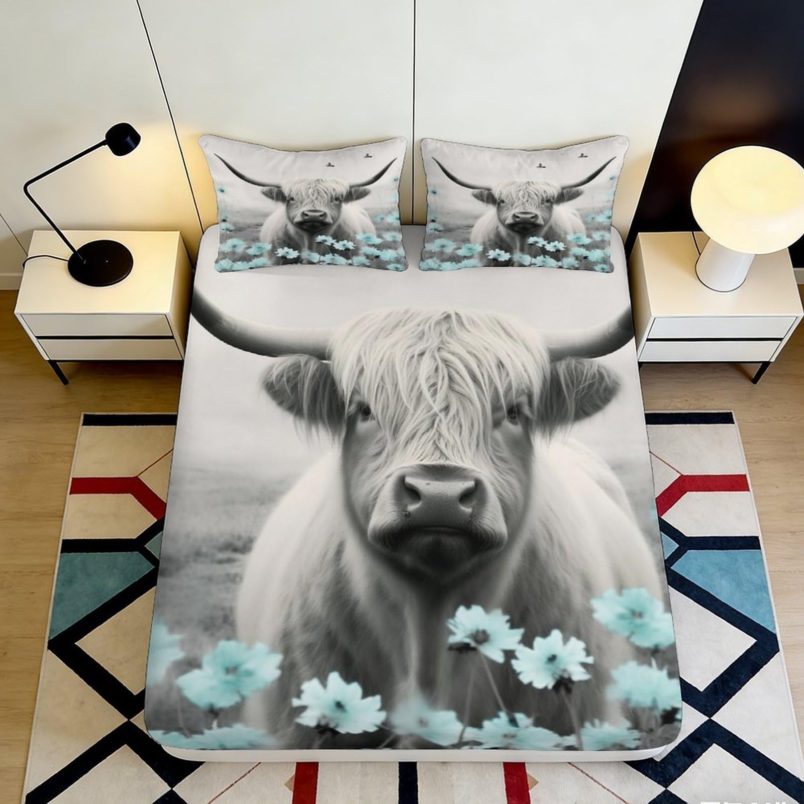 3D Printed Highland Cattle Fitted Sheet Microfiber Non-Slip Deep Pocket Bedroom Bedding Highland Cow Mattress Fitted Cover 140x200x25cm