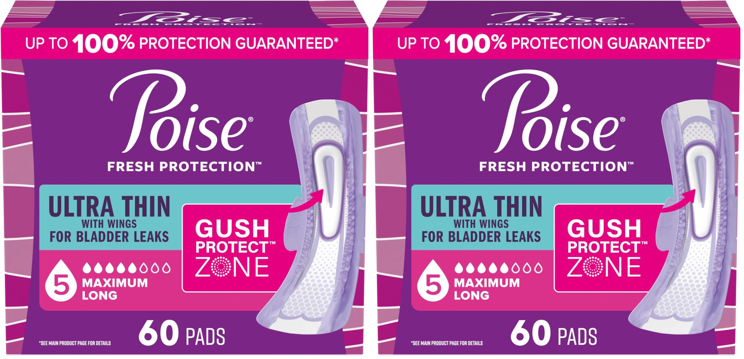 Poise Ultra Thin Incontinence &amp; Postpartum Pads with Wings for Bladder Leaks, 5 Drop Maximum Absorbency, Long Length, Packaging May Vary, 60 Count (Pack of 2)