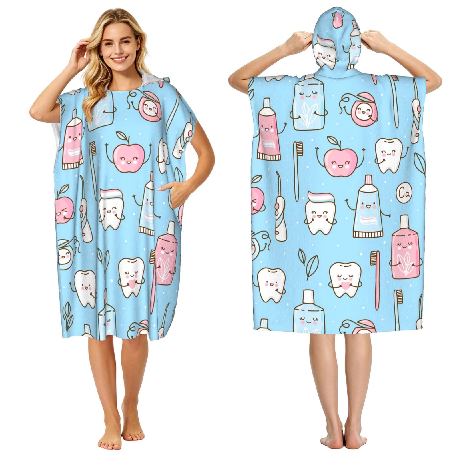 Poadnly Dentist Teeth Tooth Brushes, Adult Hooded Beach Towel 90 x 110 cm,Changing Bath Robe, Surf Poncho Towel For Women Men