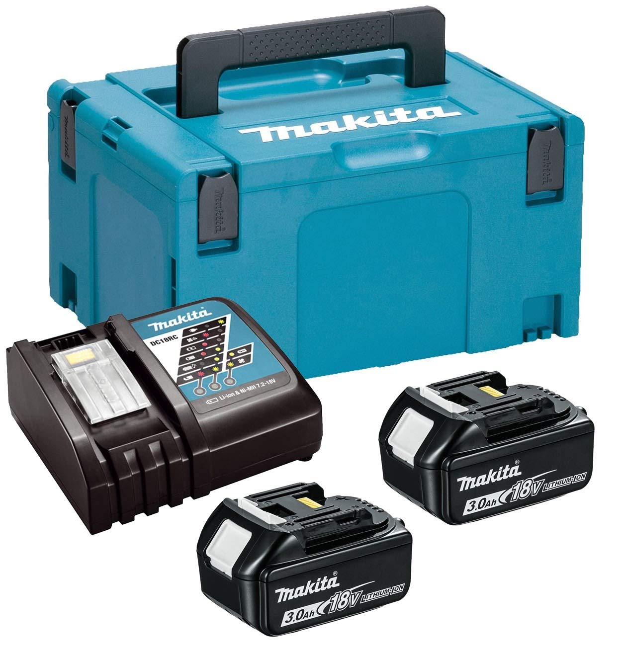 Makita Turquoise Bl1830 18V 2 X 3.0Ah Lithium Batteries Dc18rc Fast Charger + Makpac Case