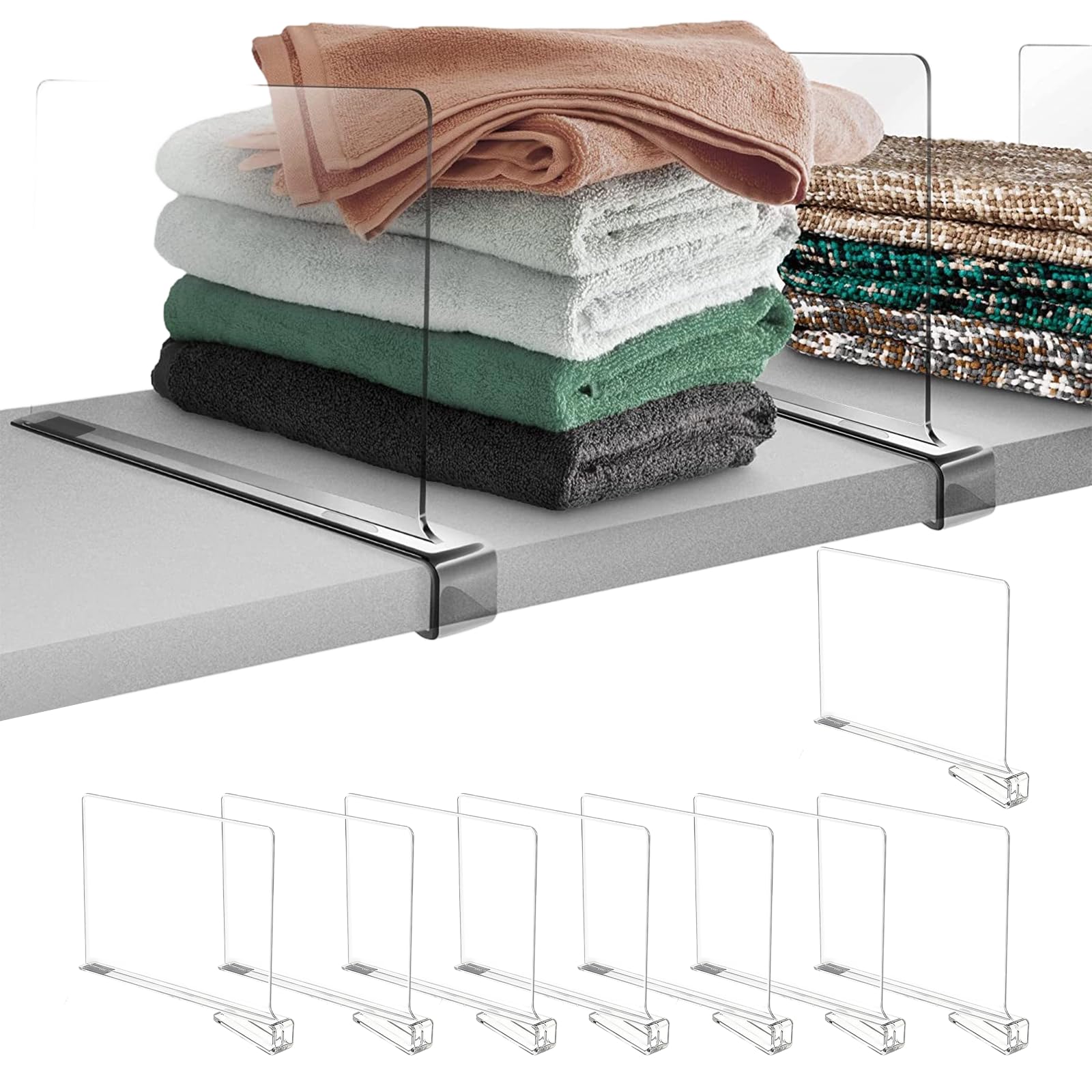 8 Pack Clear Closet Organizers and Storage Shelves, Acrylic Shelf Dividers for Closet, Wardrobe Shelves, Transparent Closet Organizer Divider for Cabinets, Handbags, Clothes, Bookcases and Office. ﻿