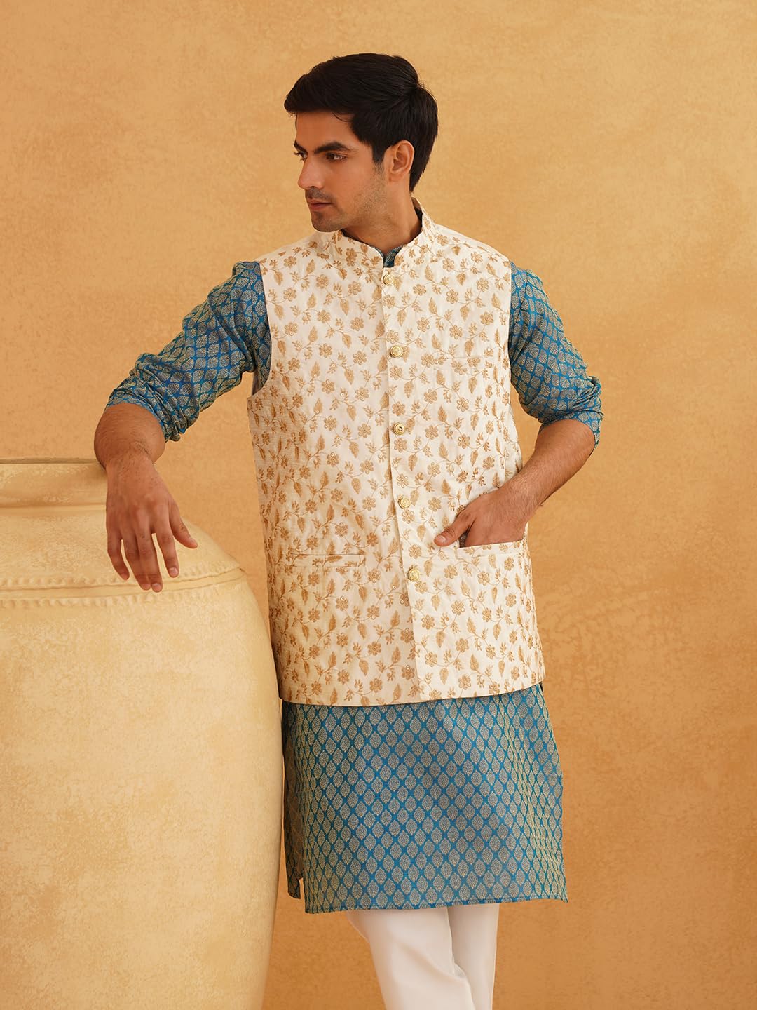 Sojanya (Since 1958 Men's Silk Blend Peacock Blue Self Design Kurta & Cream Embroidery Nehru Jacket With Off-White Churidar Pyjama