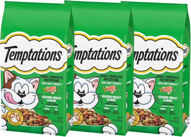 Ração seca para gatos adultos Temptations sabor Seafood Medley com salmão e camarão – Pacote com 3 de aproximadamente 2,86 kg