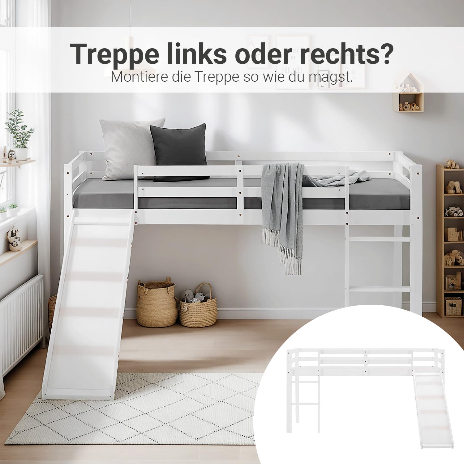 Homestyle4u Kinder-Hochbett mit Rutsche 90x200 cm Weiß Massivholz Bett | Stabiles Etagenbett aus Kiefer Massiv mit Leiter und Lattenrost - Ideal zum Spielen und Schlafen im Kinderzimmer