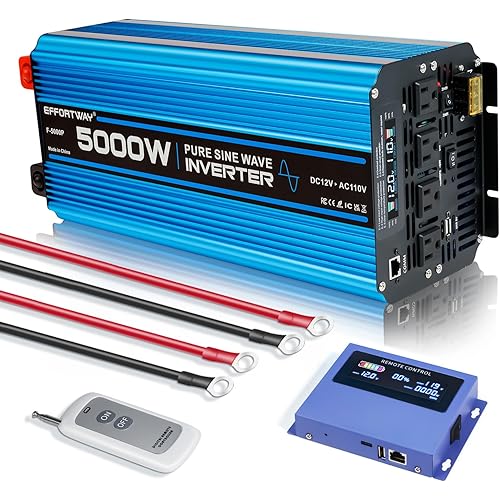5000W Pure sine Wave Inverter DC 12V to AC 110V/120V Converter 10000w (Peak) with LCD Display Wireless/Wired Remote Control 4AC outlets 4USB and Hardwired AC.Ideal for RV Travel Off-Grid Solar Systems
