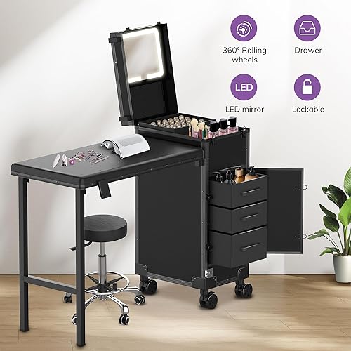 Miniatura 2 de EASYINBEAUTY Mesa de manicura portátil con 3 cajones, organizador de espejo y esmalte de uñas, estuche de maquillaje con cerradura con escritorio