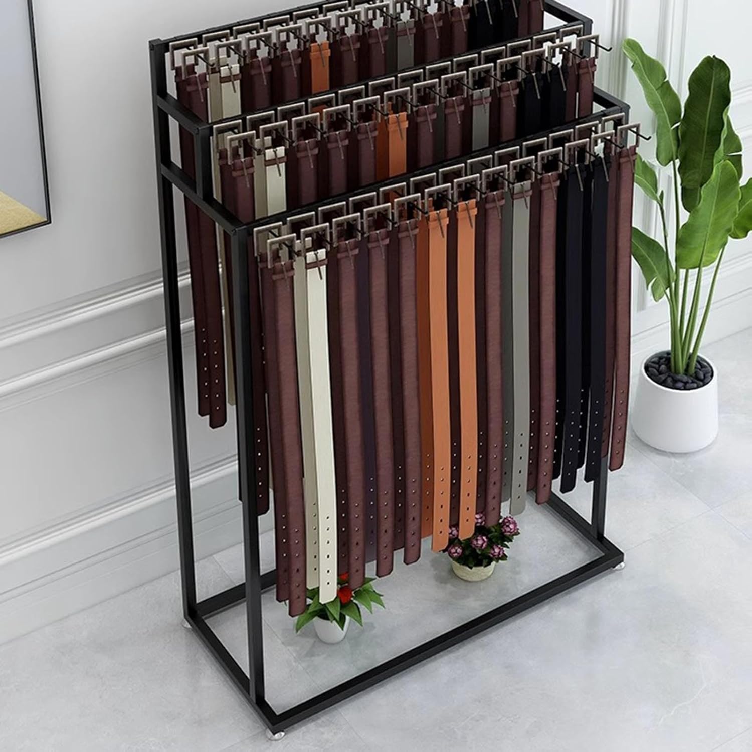 Clothing Store Garment Rack Belt Hanger Freestanding Belt Display Stand, Men Closet Belt Storage Organizer Belt Hooks, Boutique Retail Store Ties Belt Rack Shawls Purse S(Black-120×40×150CM)