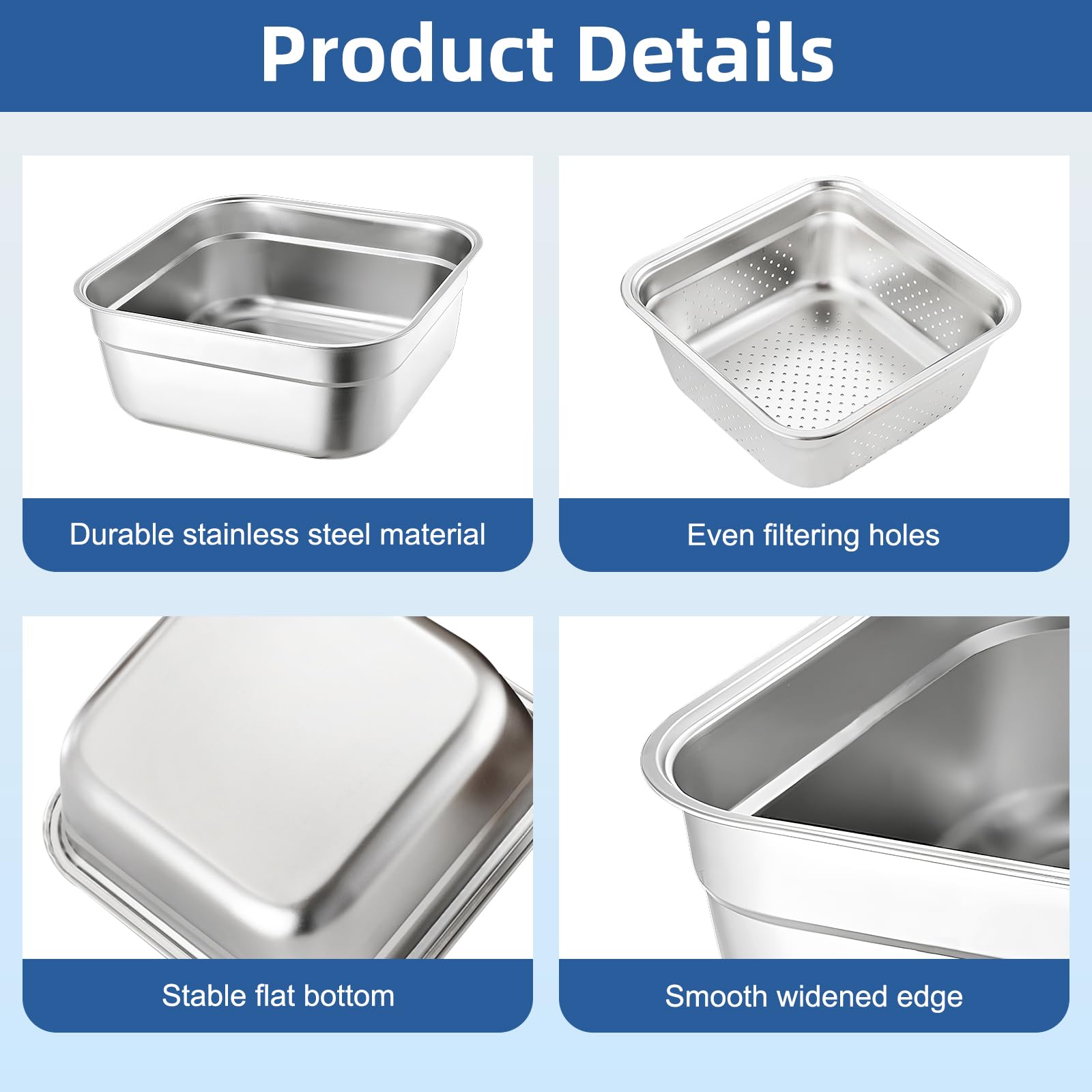 Set di ciotole 2 in 1 in acciaio inossidabile, 32,5 cm, robusta vasca quadrata con scolapasta, lavabo per frutta e verdura, per lavello, padella per scolare riso, pasta, colino per alimenti