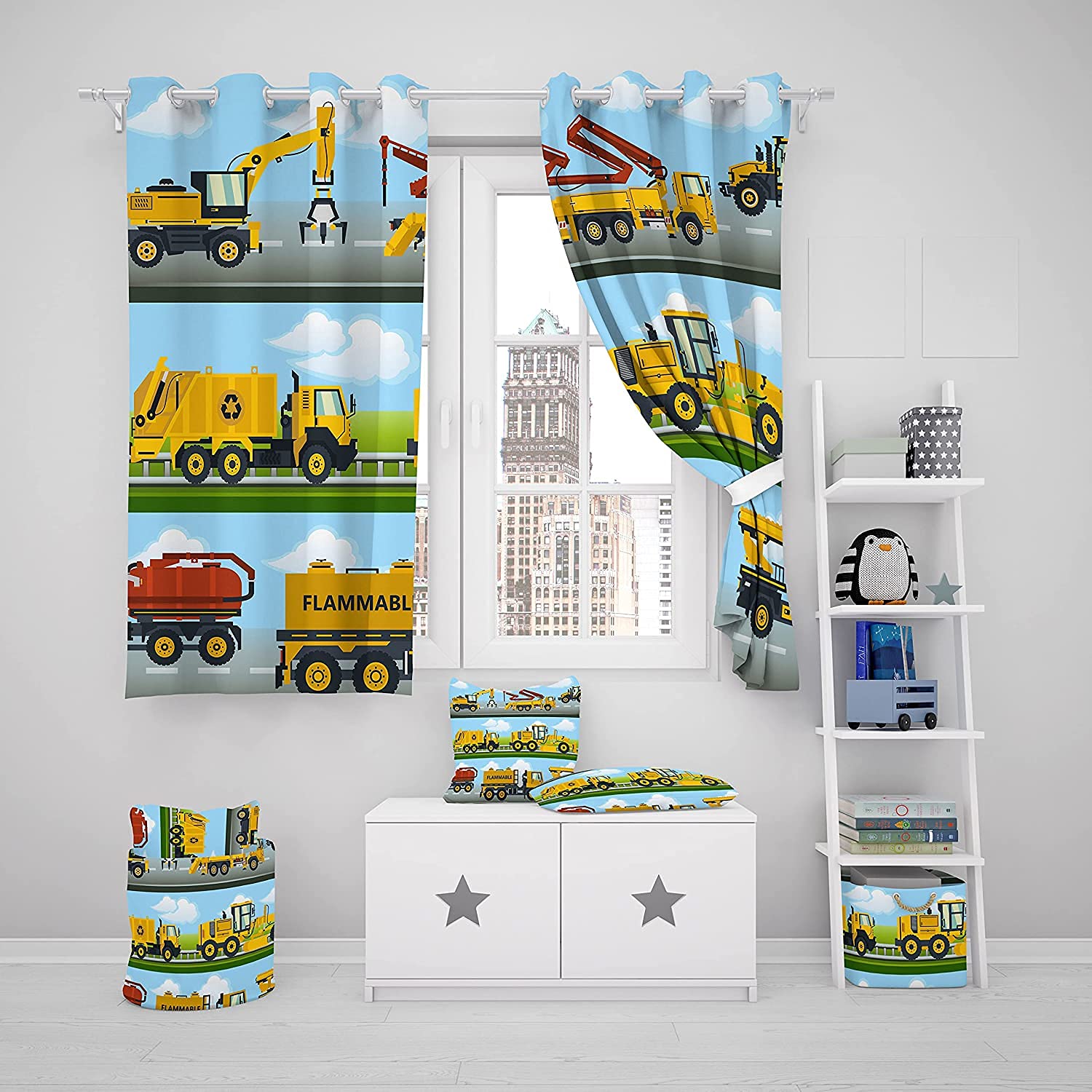 Loussiesd Tende per camion da costruzione, per camera da letto, bambini, escavatori, tende per finestre, macchine gialle per bambini, macchine e finestre, per bambini, per bambini, per bambini, per