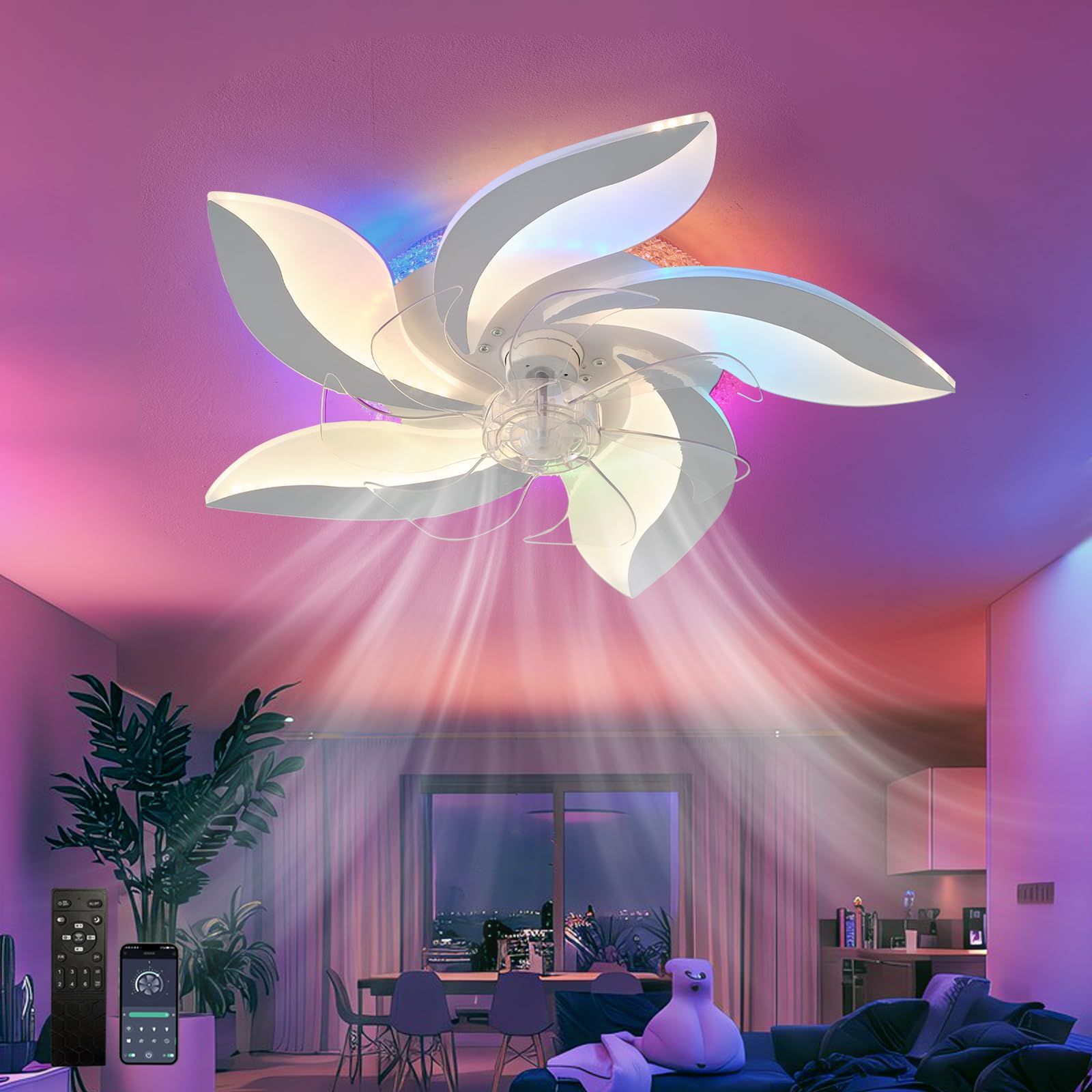 SXDMOUBK Modern Ceiling Fan with Light 70W,Quiet,RGB Light Fan Black,APP & Remote Control,6 Speed Reversible Motor,Dimmable with Memory Function,LED Fan Ceiling Light for Kids Bedroom Living Room