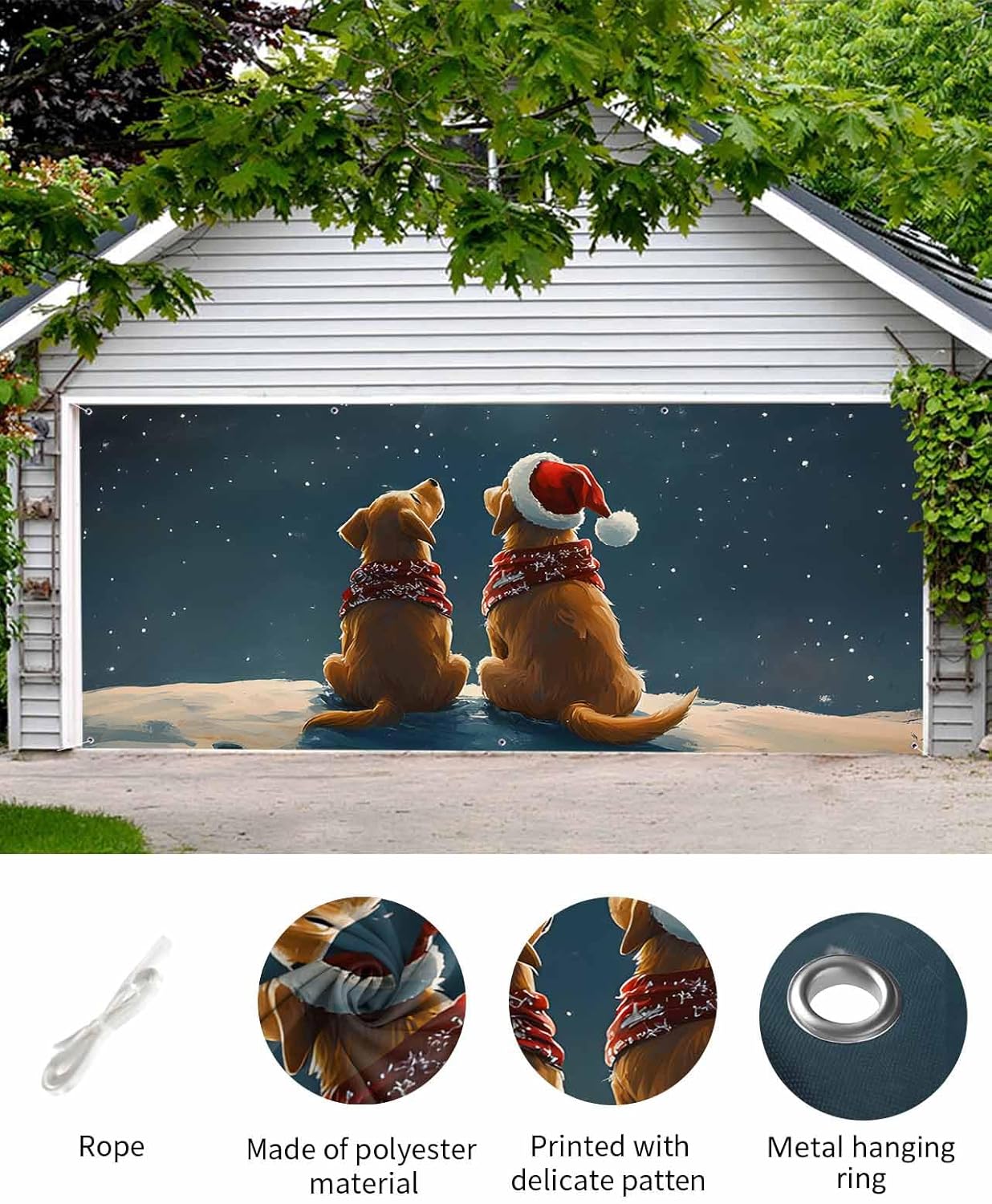 Garage Door Decorations Banner Cover 7x8 Ft Outdoor Garage Door Cover Winter Christmas Night Dogs Moon Stars Large Hanging Backdrop Mural Wall Background for Holiday Party Winter
