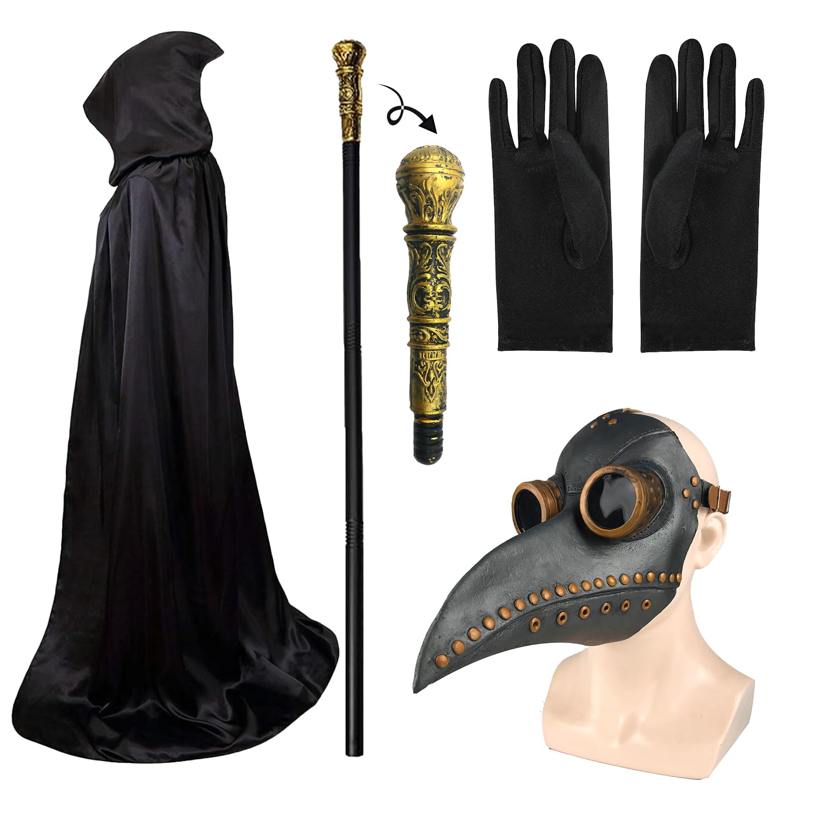 MAINOSHY4PCS Plague Doctor Mask Props Long Nose Bird Beak Mask with Hooded Cloak, Gloves, Cane for Halloween Costume Party