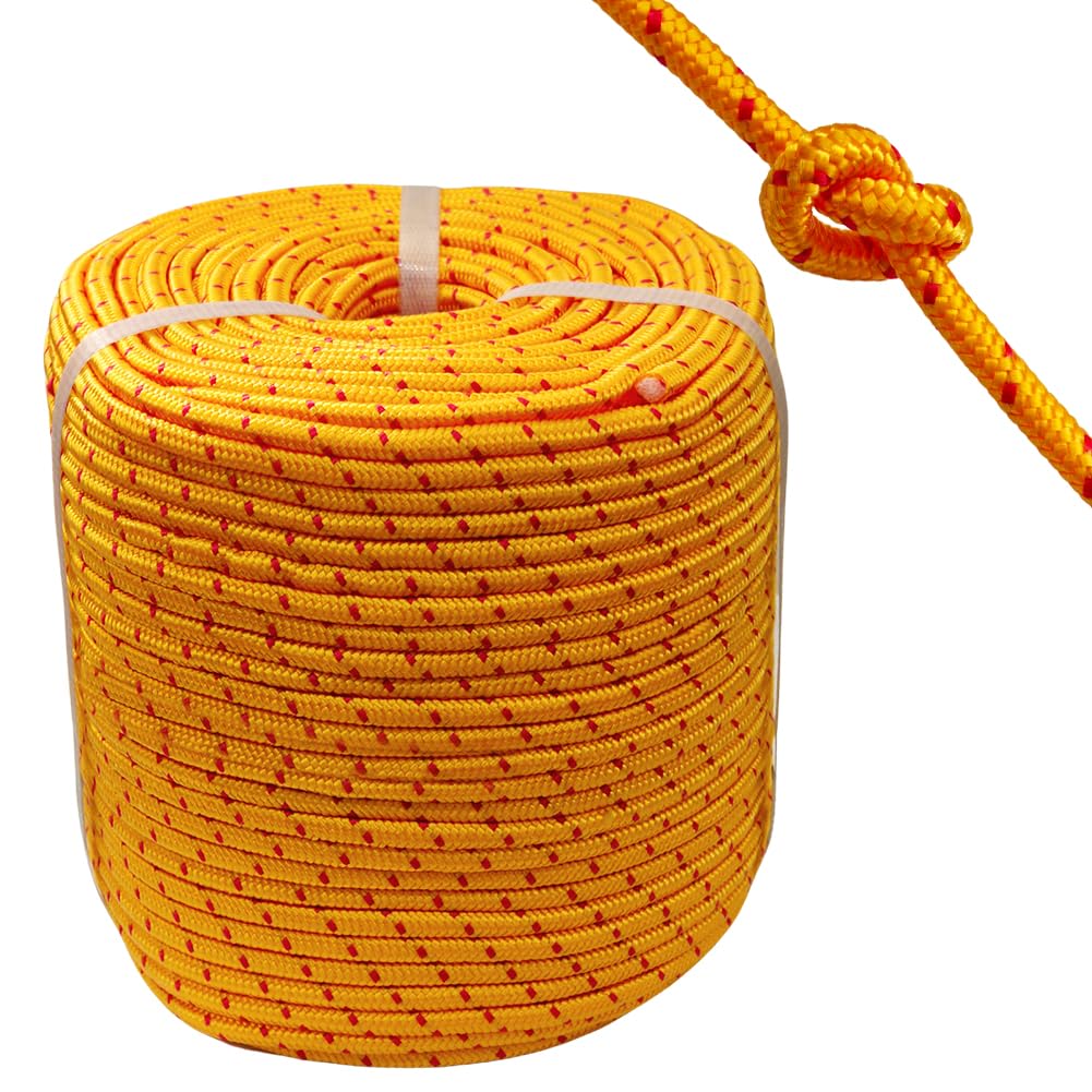 BeGrit 100M Corda Galleggiante Multifunzione Paracord 8 mm Giallo per Barca | Corda di Sopravvivenza con Moschettone con Ghiera a D in Alluminio per Barca da Campeggio Tenda Sport Fune Outdoor Arancione