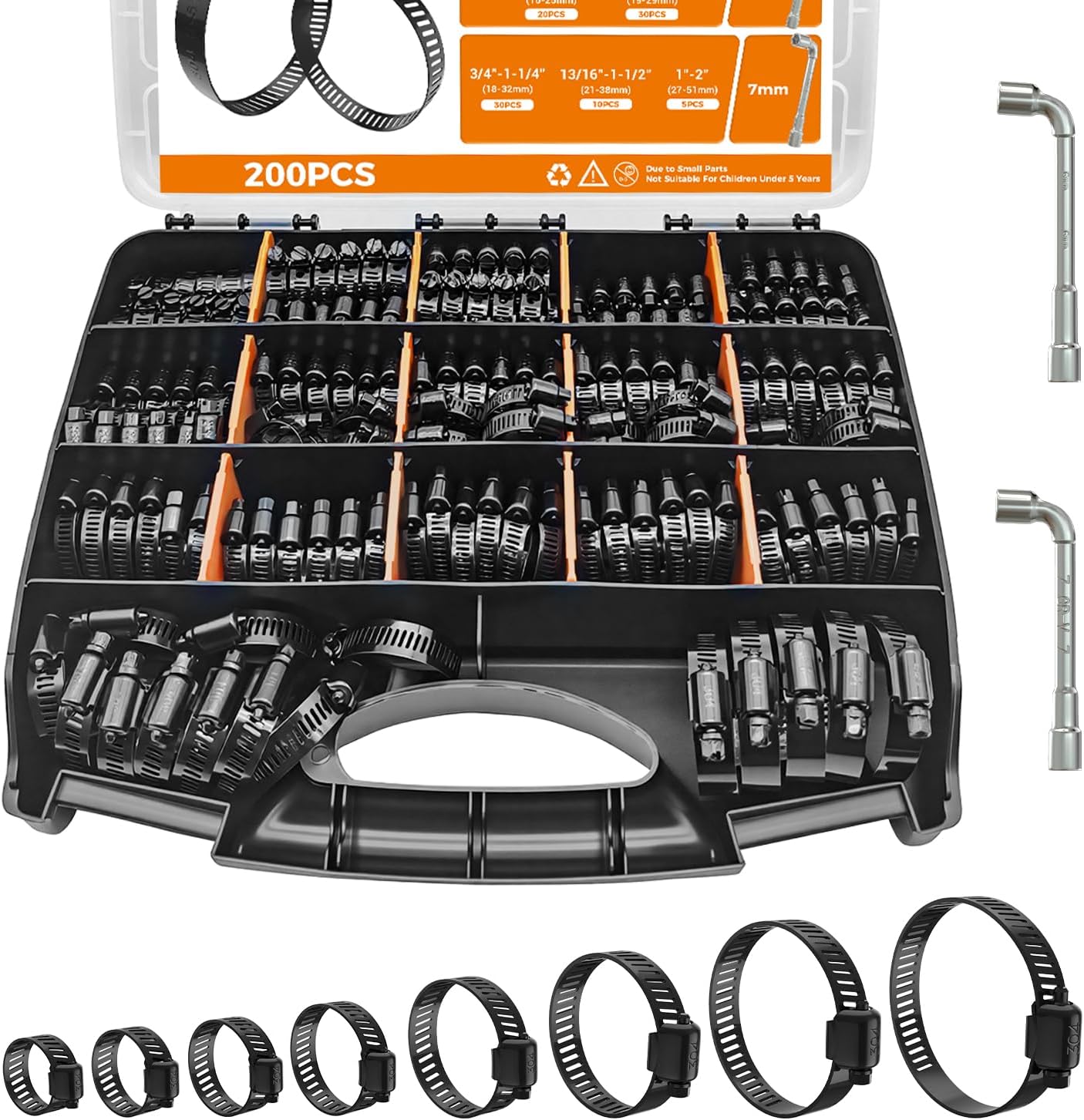 Hose Clamp Assortment 200PCS DREXON 304 Stainless Steel Hose Clamp Kit Heavy Duty Adjustable 1/4"~2"(6~51mm) Worm Gear Hose Clamp for Automotive, Fuel Line, Pipe - Black