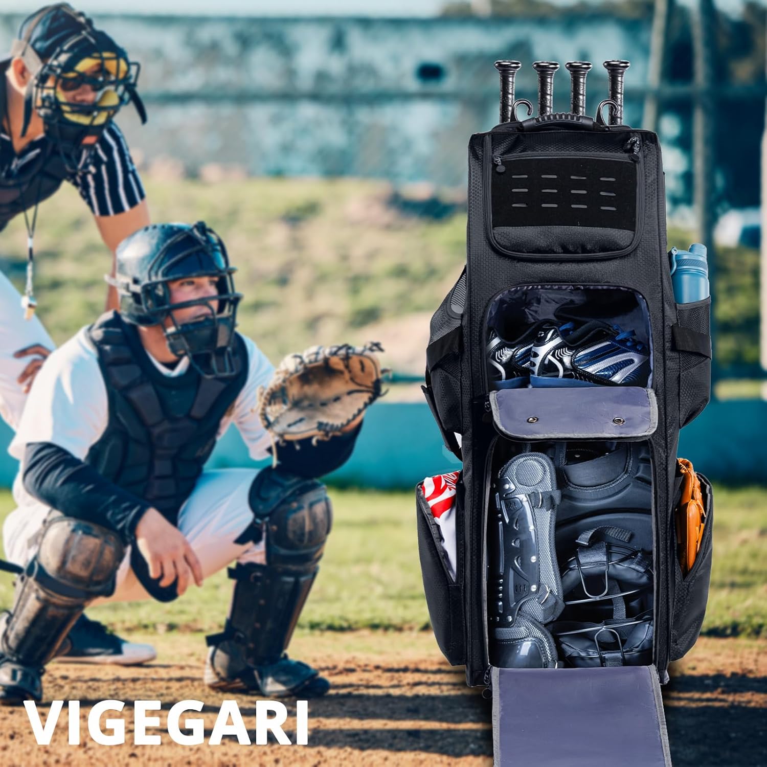 Rolling Baseball Bat Bag with Wheels, Large Capacity Gear Bag Holds 4 Bats, Reinforced Hard Base & Structured Back Panel, Top & Bottom Grab Handles, Shoe & Helmet Compartments for Youth &Adult Players