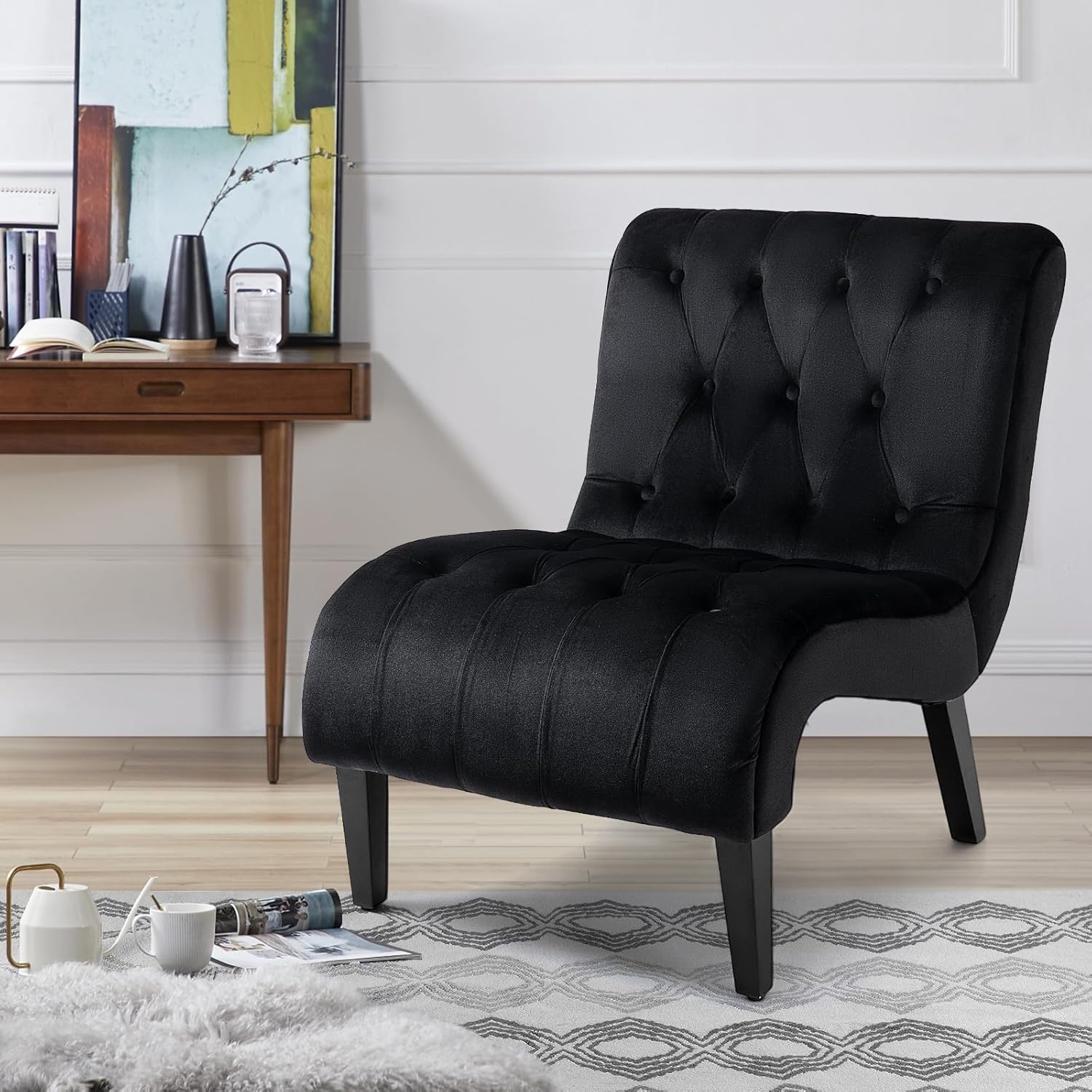 AVAWING Armless Accent Chair, Upholstered Button Tufted Living Room Chairs with Wood Legs, Comfy Frosted Velvet Lounge Chair Reading Chair for Bedroom, Black