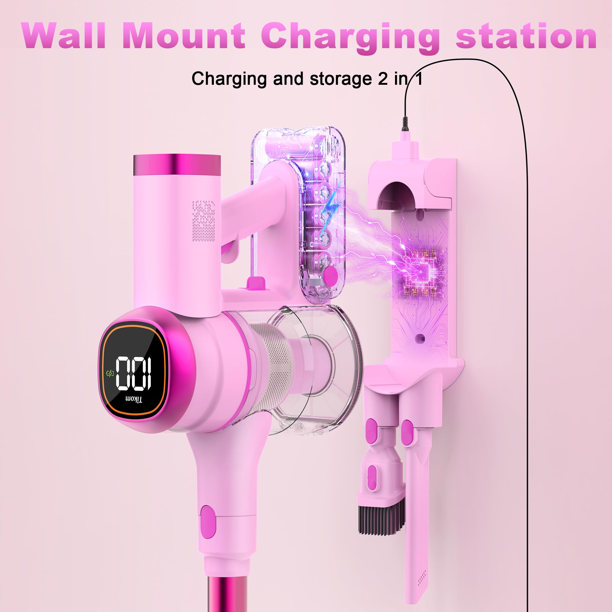 Tikom V500 Cordless Vacuum Cleaner for Home, 40000Pa/450W Stick Vacuum with LED Touch Screen, Charging Wall Dock, Anti-Tangle, Lightweight Handheld Vacuum for Pet Hair, Hard Floor, Carpet view 6