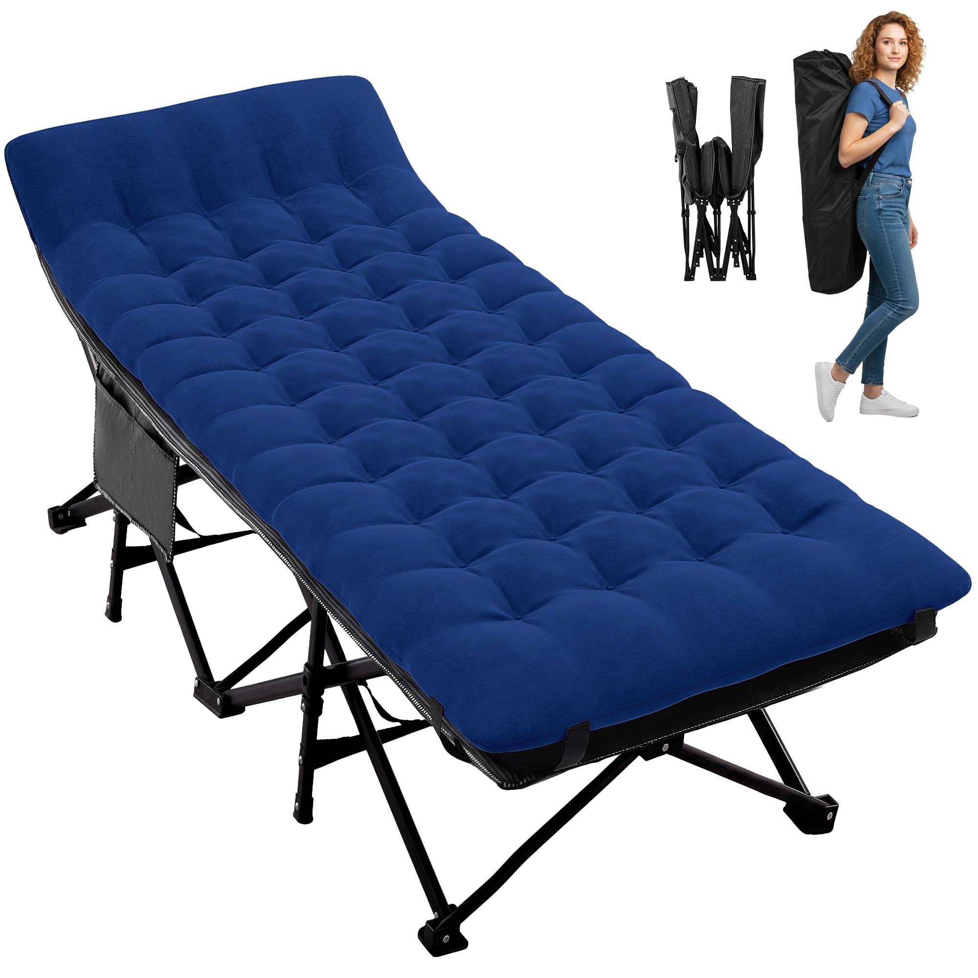 Palawano Lit de Camp Pliable Adultes avec Matelas, Sac de Transport, Bain de Soleil Supportant Jusqu’à 150 KG, Chaise Longue Pliante Camping Robuste pour Invités, Bureau ou Voyage