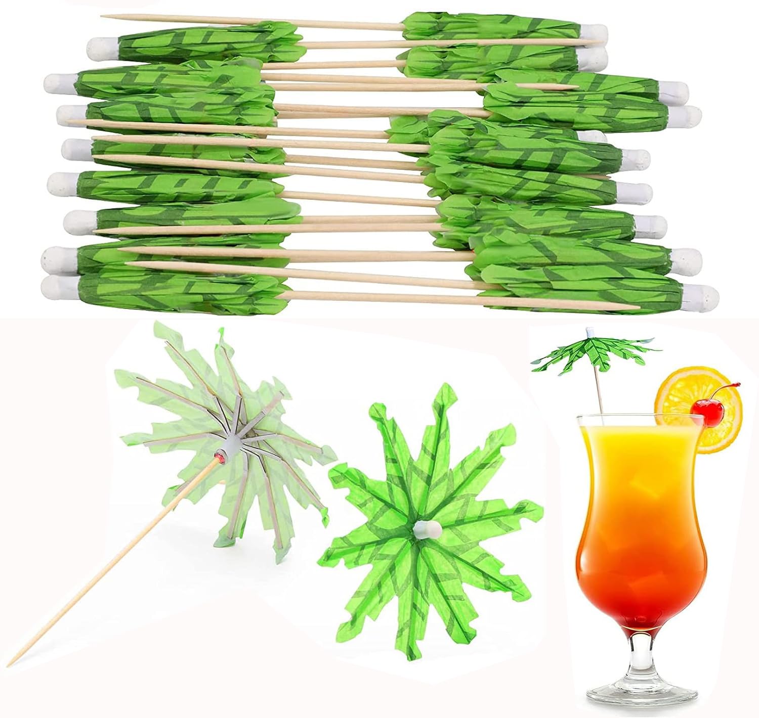 Wxinsheng 50 Pcs Tropical Coconut Palm Tree Cocktail Umbrellas Picks,Green Long Paper Drink Umbrellas,for Hawaiian Luau,Bar Decor,Party Supplies,Cake Toppers Picnic Decoration
