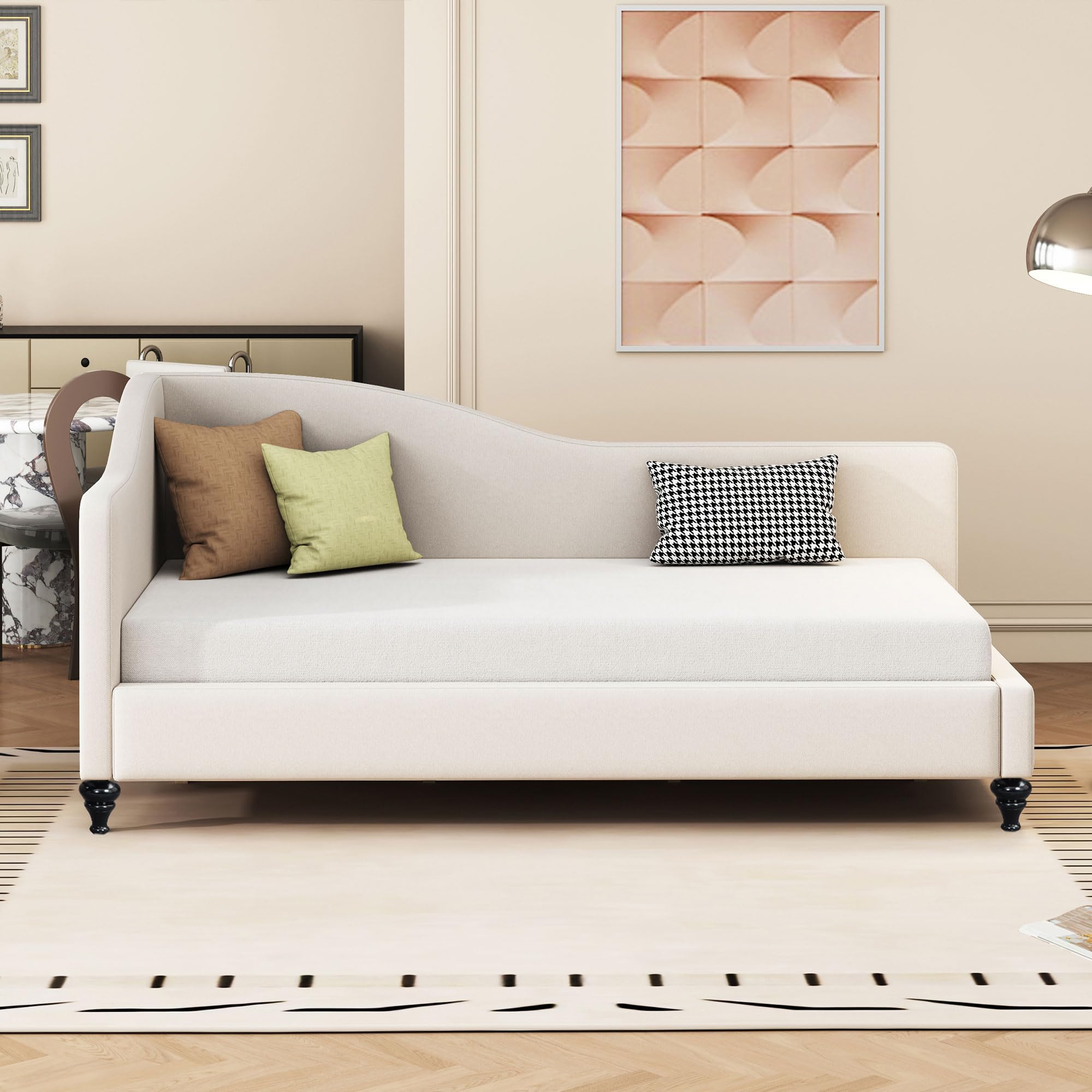 Harper & Bright Designs Twin Size Daybed Frame with Wooden Legs, Upholstered Linen L-Shaped Corner Day Bed/Sleeper Sofa Bed Couch, No Box Spring Needed for Kids Adults Boys,Beige