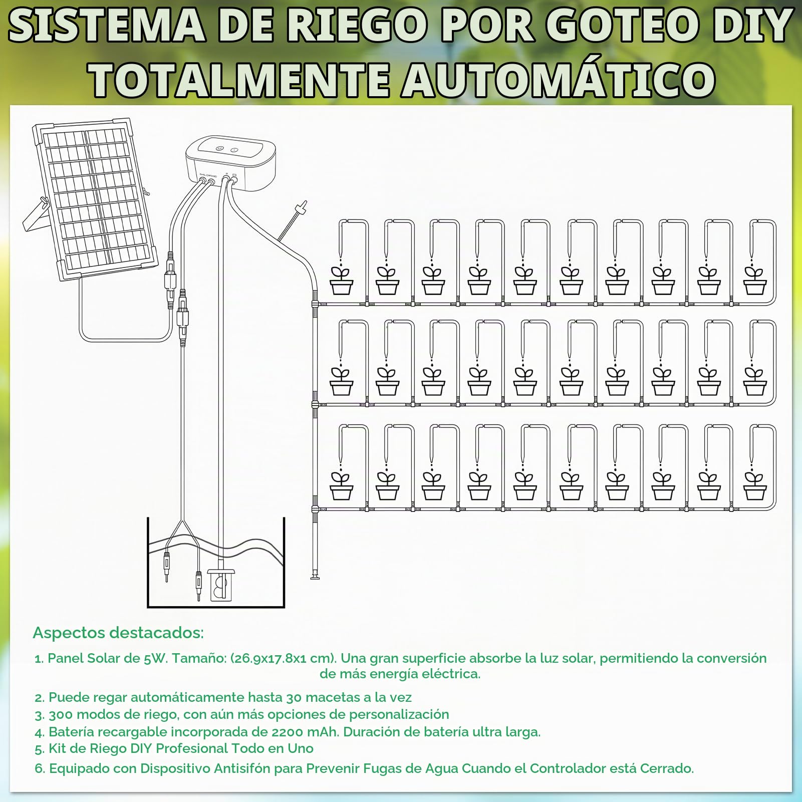 Anpress Riego Por Goteo Automático Energía Solar, Sistema de Riego Solar para Jardín con 10 Modos de Riego & 30 Cabezales de Goteo para Plantas en Macetas de Jardín al Aire Libre e Interior, Verduras