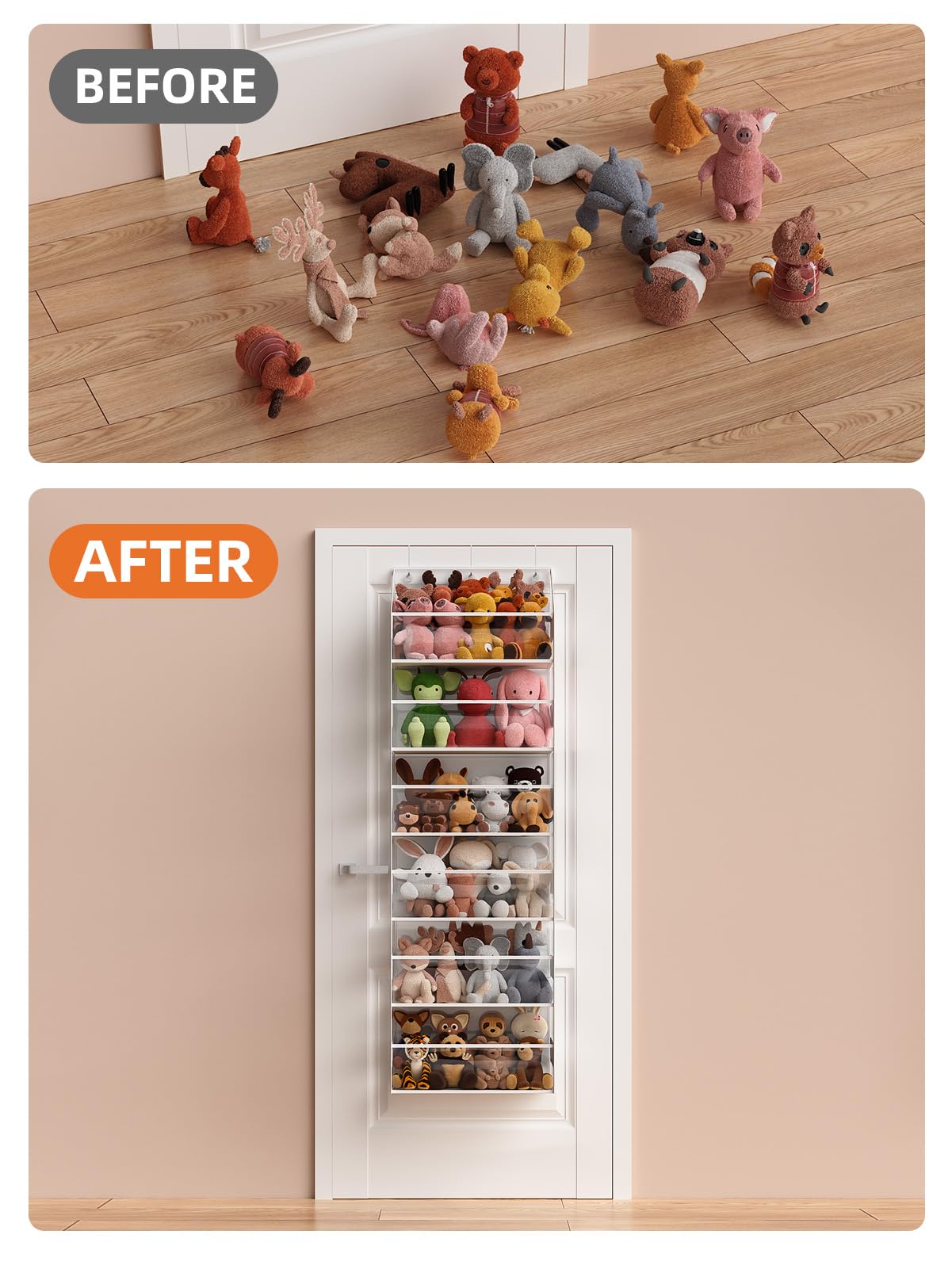 Organizzatore sospeso per porta – 6 piani per animali di peluche, organizzatore da bagno e conservazione, organizer da appendere per giocattoli/articoli per bambini (trasparente)