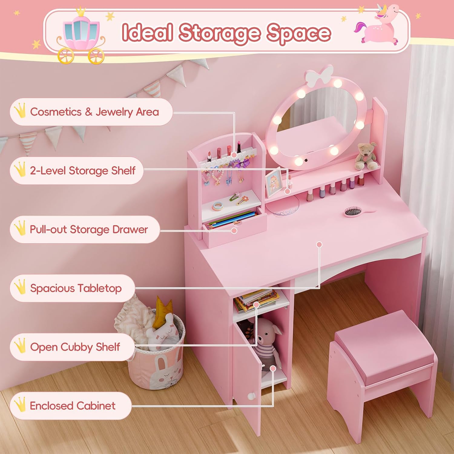 MU Kids Vanity Table and Chair Set – Princess Girls Vanity Set with Mirror, Lights, Jewelry Storage, and Cushioned Stool, Toddler Makeup Vanity for Little Girls (Pink)