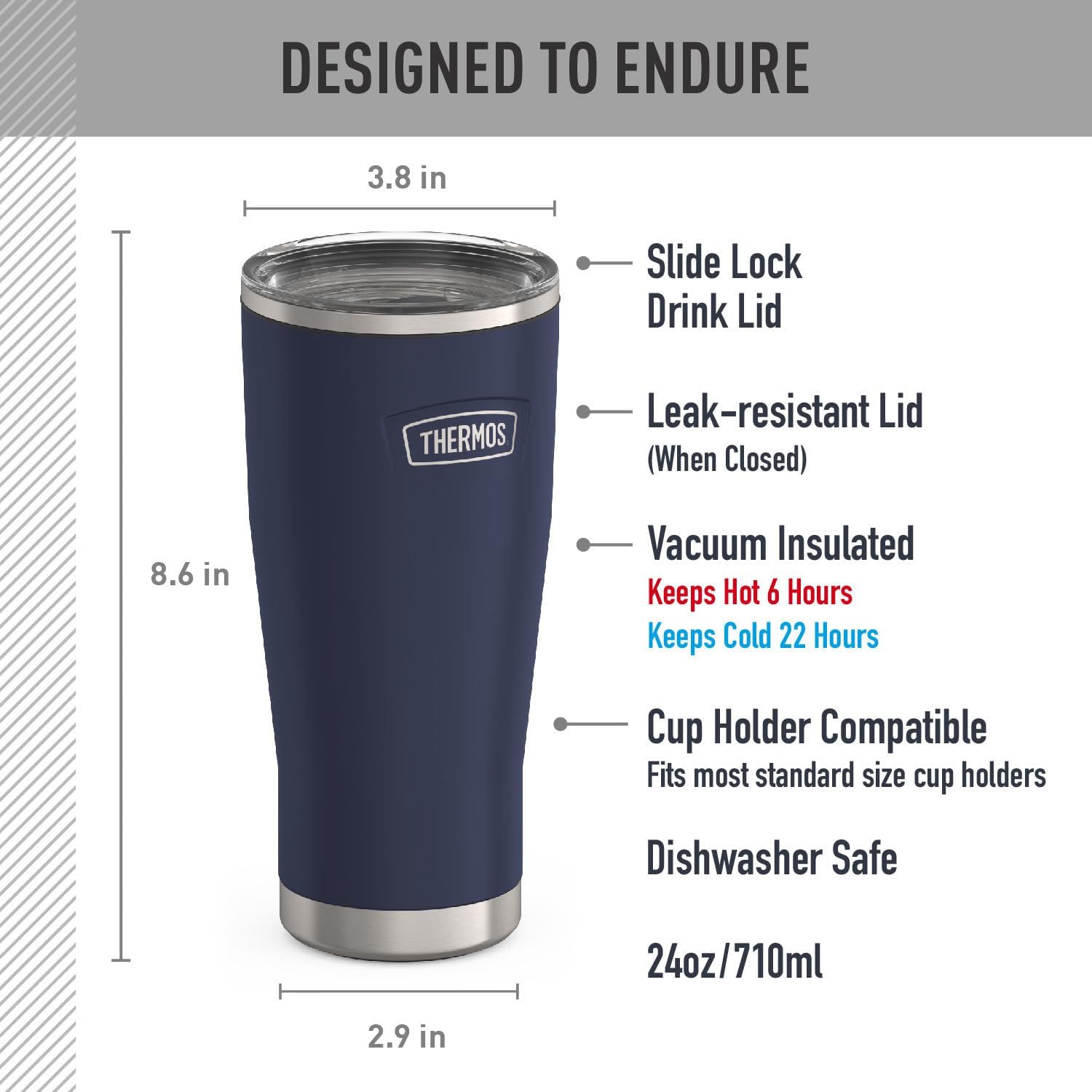 THERMOS ICON SERIES, Stainless Steel Tumbler with Slide Lock, 24 Ounce, Mystic Navy - Image 7
