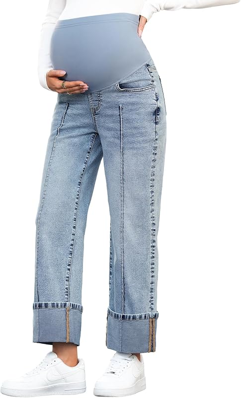 BLENCOT Maternity Jeans Over Belly Straight Leg Denim Pants with Pockets | Pregnancy Pants for Women Comfy Casual Wear Daily Work Travel Trousers With Cuffed Hem Summer Fall Maternity Clothes