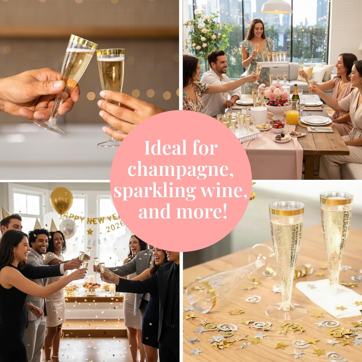Prestee Set of 24 Plastic Champagne Flutes with Gold Rim - 4.5 oz - Shatterproof Disposable Glasses for Weddings, Cocktail Parties, and Outdoor Celebrations - Image 6