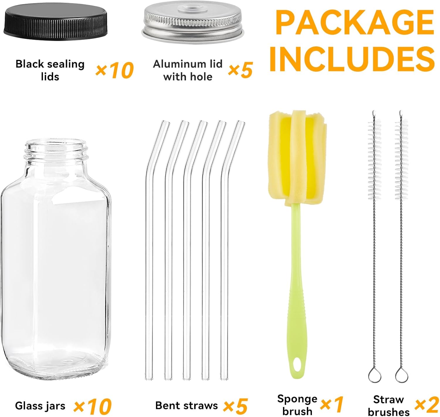 Kucoele 16oz Glass Juice Bottles with Lids, 10 Pack Reusable Smoothie Cups Water Bottles Drinking Jars with Glass Straws, Brush, Lids with Hole - Image 3
