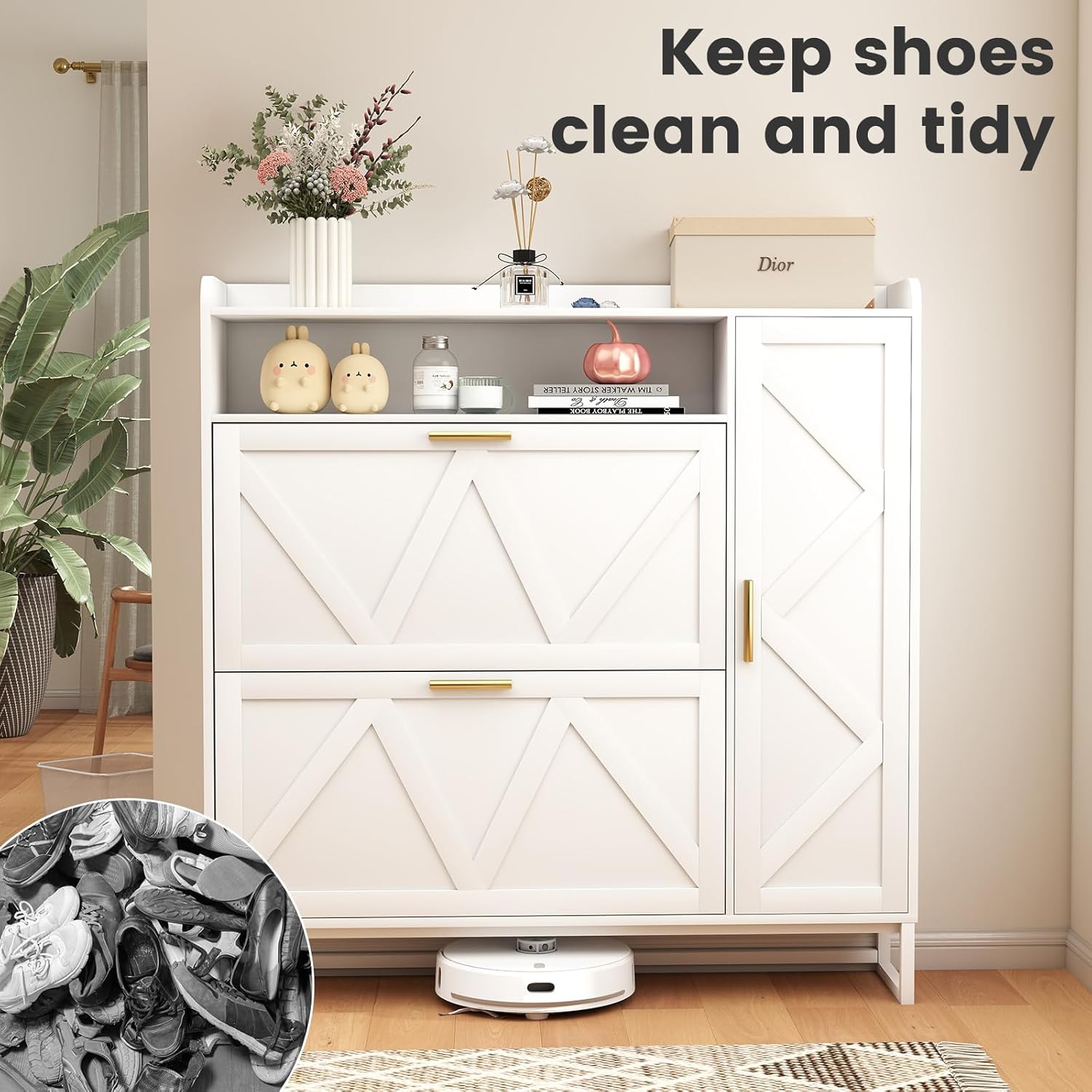 White Shoe Storage Cabinet with 2 Adjustable Flip Drawers, Farmhouse Entryway Shoe Organizer, Narrow Shoe Cabinet Storage for Entryway Slim with Hooks, Hidden Entrance Shoes Rack for Hallway