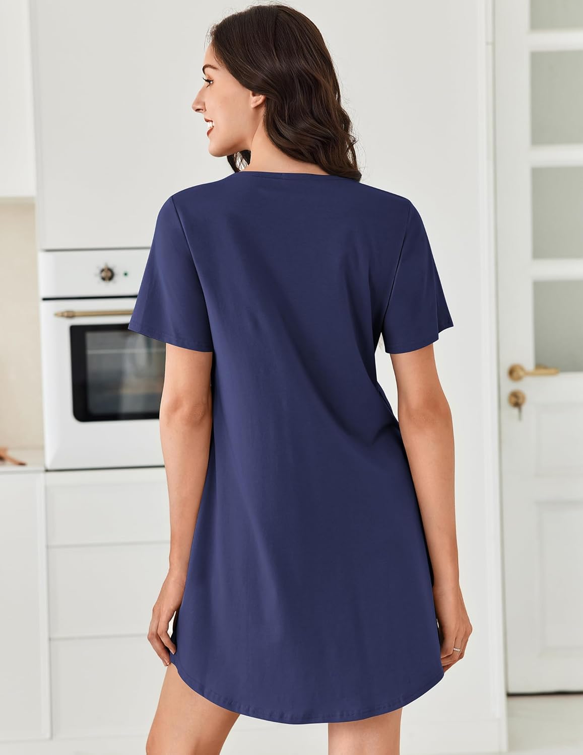 Ekouaer Moo Moos for Women Cotton Nightgown Henley V Neck House Dress Short Sleeve Mumu Dress Soft Lightweight Sleepwear Navy Blue Large - Image 6