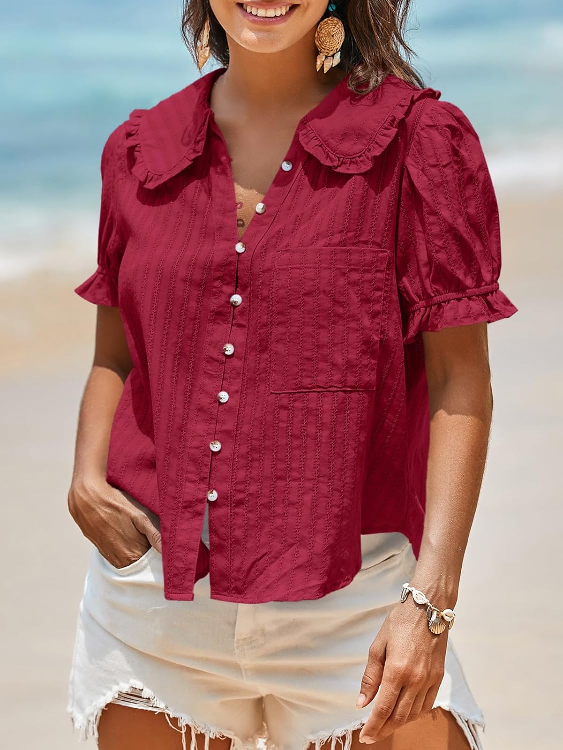 Tankaneo Womens Puff Sleeve Shirts Peter Pan Collar Button Down Cotton Blouse Casual Summer Textured Tops - Image 3