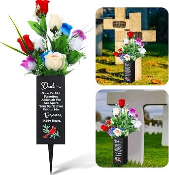 1 Set Fathers Day Dad Artificial Cemetery Flowers, Memorial Bouquets with Metal Cemetery Vase, Dad Memorial Flower Holder Decorations with Thoughtful Words for Lawn Yard Outdoor