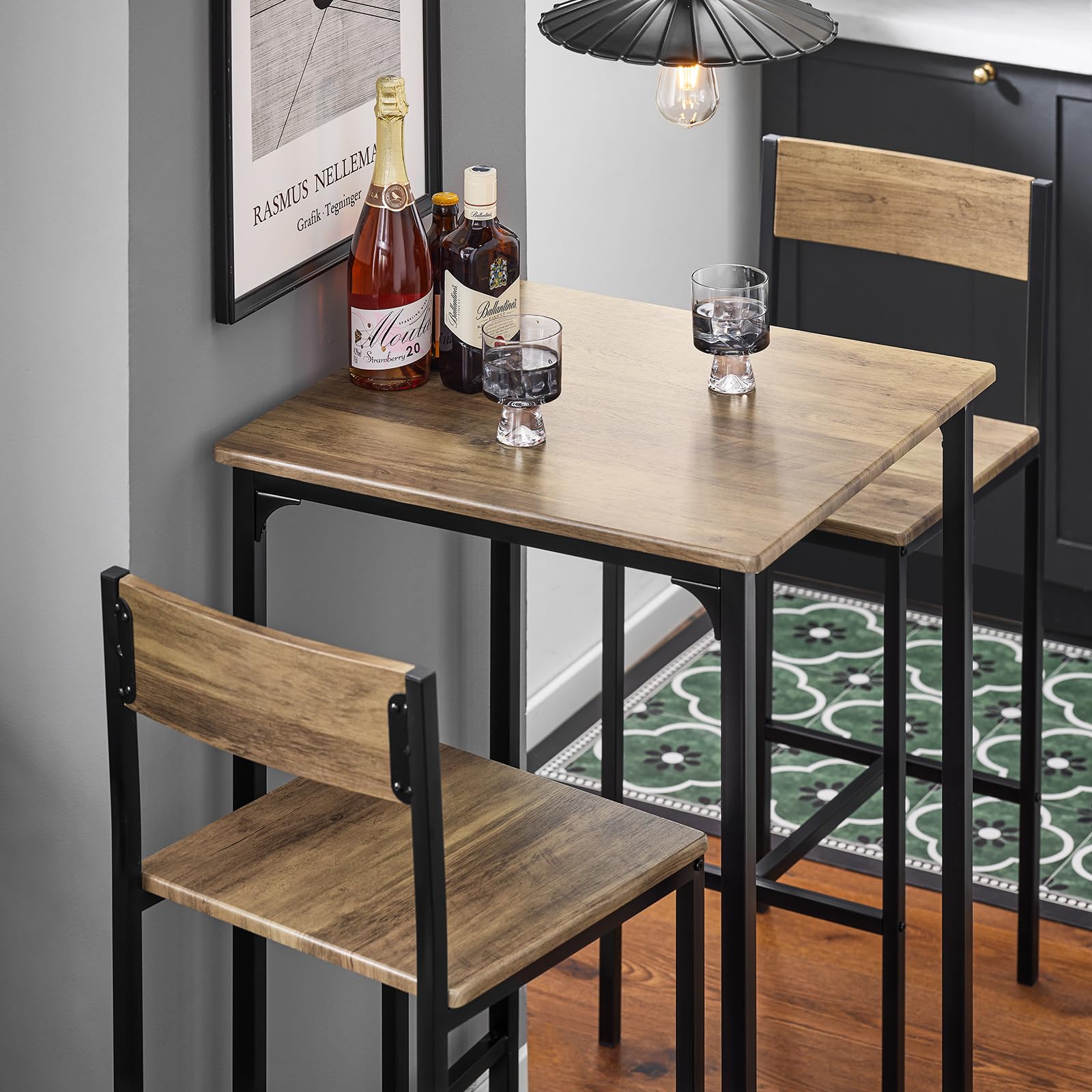 SoBuy Ensemble Table Haute Mange Debout Cuisine avec 2 Tabourets, Table de Bar Haute, Mange Debout avec Tabouret, Table Bar Cuisine, Table Haute Exterieur, MDF & Métal, Bois, OGT27-N
